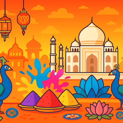 A vibrant, colorful 2D cartoon-style background inspired by India. Include iconic Indian elements such as the Taj Mahal, Lotus Temple, Indian palace architecture, Holi color splashes, and hanging lanterns. Surround the scene with peacocks, lotus flowers, temple bells, or traditional rangoli patterns. The atmosphere should feel festive and spiritual, with a warm sunset or golden light. Designed in a flat, game-friendly illustration style (vector/cartoon), perfect for a level themed around traditional Indian music. Export in 1920x1080 (landscape), without characters or text..
In-Game asset.  2d.  High contrast.  No shadows