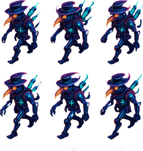 Neon cyberpunk anime top down isometric animatronic plague doctor cyborg demon medic CDC corporate robot monster disease pestilence medicine syringes Walking animation frames
