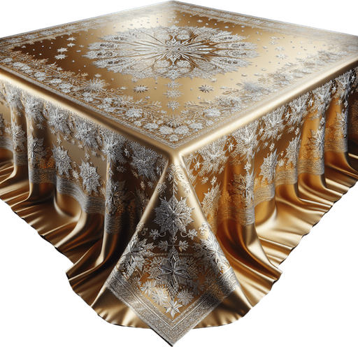 Photorealistic gold-colored, silver snowflakes Christmas tablecloth, front view.