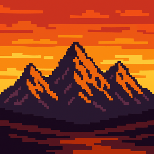 Montañas en atardecer pixelart.
In-Game asset.  2d.  High contrast.  No shadows
