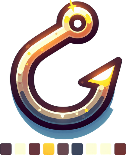 Fishing hook.
Single Game Texture.  In-Game asset.  2d.  Blank background.  High contrast.  No shadows