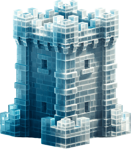 A turret tower constructed out of square ice blocks. Front view perspective. Single Game Texture. In-Game asset. 2d. Blank background. High contrast. No shadows.