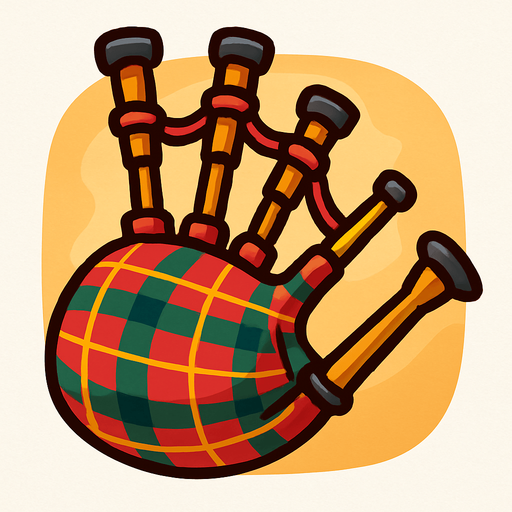 A fun, cartoony illustration of Scottish bagpipes with a tartan pattern. Rounded edges, high-contrast details, and transparent rounded background. Designed as an icon for a world music game..
In-Game asset.  2d.  High contrast.  No shadows