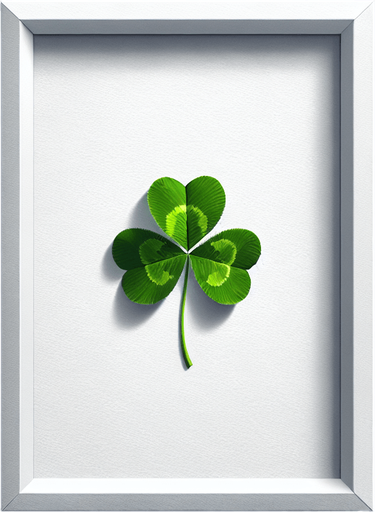 3 leaf clover in a white paper-card with rounded corners, front view.