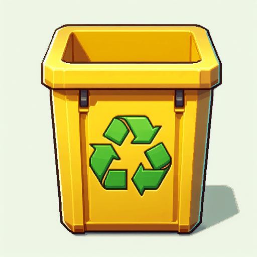 Face view of an open Yellow recycle bin with a green recycling sign..
In-Game asset. 2d. Blank background. High contrast. No shadows.