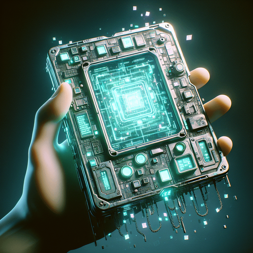 A POV perspective of a retro-futuristic handheld device, its screen glowing softly with greenish-blue digital patterns. The design features a blocky, cyberpunk aesthetic with subtle neon accents along the edges and small, glowing symbols etched into the surface.

Chains around the device are mid-shatter, breaking into faintly glowing fragments that drift away, symbolizing its freedom. The screen flickers with faint digital animations, hinting at its restored functionality without being overly complex. The hand holding the device is faintly lit by the neon glow, with the background melting into a dim, urban cyberpunk haze, emphasizing the sleek yet gritty retro-futuristic vibe..
Single Game Texture. In-Game asset. 2d. Blank background. High contrast. No shadows.