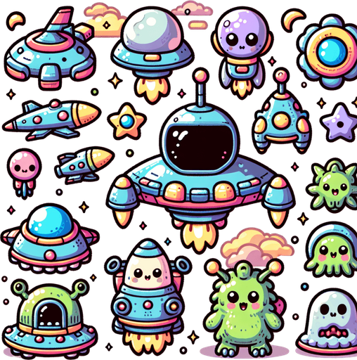 Spritesheet, Including spaceships, UFOs, Boss monster, Space monster...
Studio Ghibli. Mobile game. Colorful. hand drawn. cute, fun. In-Game asset. 2d. Blank background. High contrast. No shadows.