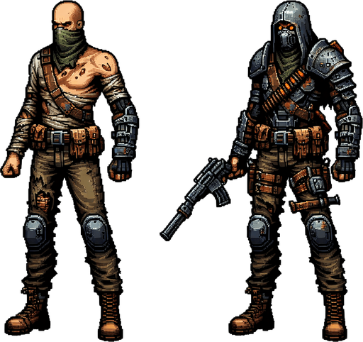 Игрок в стиле зомби апокалипсиса.
Single Game Texture. In-Game asset. 2d. Blank background. High contrast. No shadows.