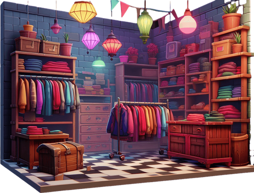 colourful thrift shop background.
Single Game Texture.  In-Game asset.  2d.  Blank background.  High contrast.  No shadows