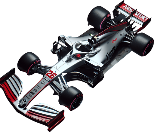 Photorealistic AUDI F1 race car, top view. 
Hex Color Code: #FF2A1B
Silver body with black stripes.
Luminous bright red rear wing and front wing, 
Audi's 4 piece of white ring on rear wing. 
White ,,Aidu Sport" text on front wing. 
red 26 number on nose.