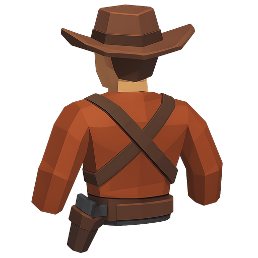 from behind left and up lowpoly gunslinger back with no arms no legs no head cowboy upper body without arms head and legs player hero good side. No background. Transparent background. Blank background. No shadows. 2d. In-Game asset. flat