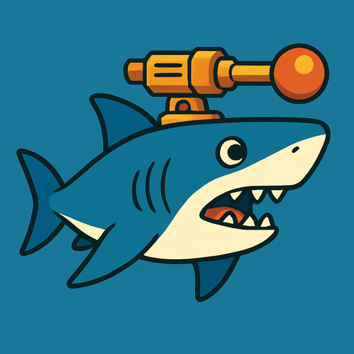Shark with lasergun on his head, sideview, ghibli style.
In-Game asset.  2d.  High contrast.  No shadows