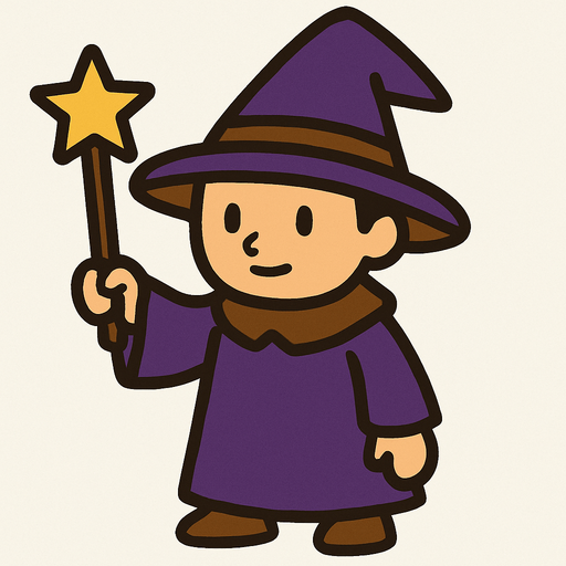 Mago con sombrero morado oscuro y marrón sin barba con varita con estrella, de cuerpo entero.
In-Game asset.  2d.  High contrast.  No shadows