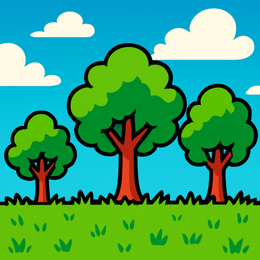 Fondo 2D con cielos y Arboles con cesped.
In-Game asset.  2d.  High contrast.  No shadows