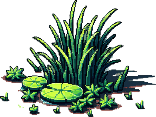 Green reeds with Lilly pad.
Single Game Texture.  In-Game asset.  2d.  Blank background.  High contrast.  No shadows