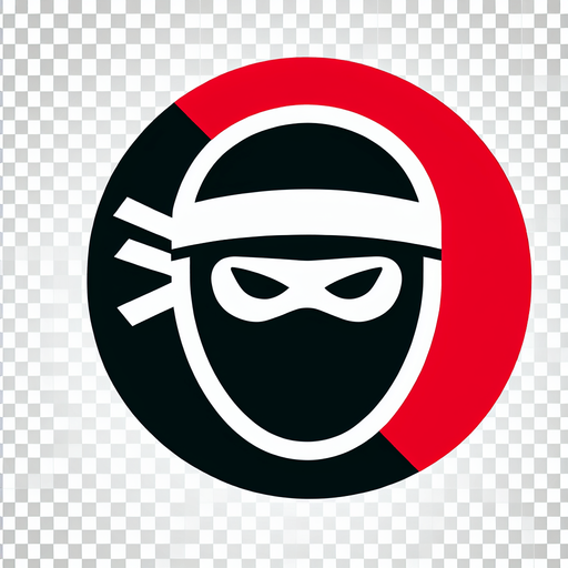 A minimalist icon depicting a ninja head silhouette in black. The silhouette should be simple and recognizable, with a headband or mask detail. The background should be transparent or a contrasting color (e.g., red or white)..
Single Game Texture. In-Game asset. 2d. Blank background. High contrast. No shadows.