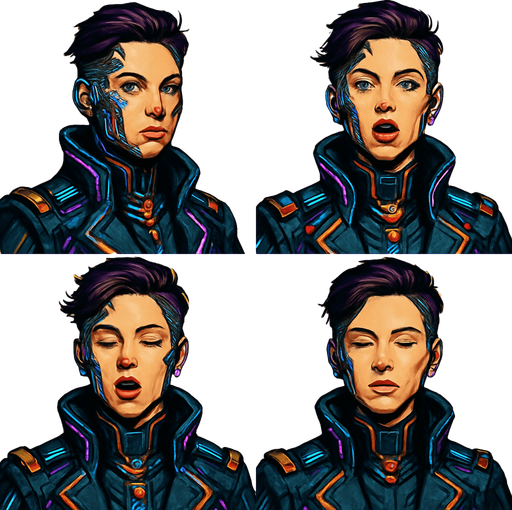 Cyberpunk high commander women looking to the camera with eyes by side, the half upper part of it only not all body, different frames, Opened eyes closed mouth, Opened eyes opened mouth, talking closed eyes opened mouth, Closed eyes closed mouth, each frame in one image. background yellow. paint it professionally with all details.
In-Game asset.  2d.  High contrast.  No shadows