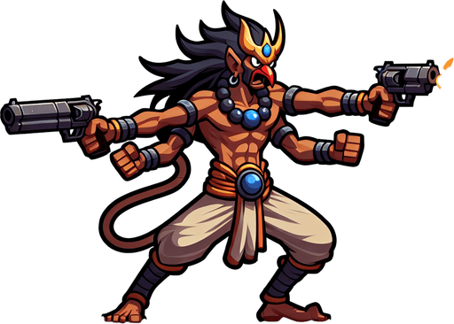 2d animation garuda man play shoot 2 gun 2 direction left and right.
Single Game Texture.  In-Game asset.  2d.  Blank background.  High contrast.  No shadows