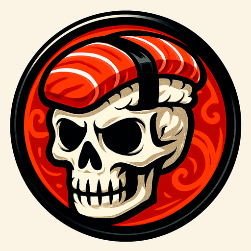 Genera una imagen de un sushi con cara de calavera, que sea un botón circular y que se vea muy epico.
In-Game asset.  2d.  High contrast.  No shadows