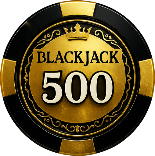 Crea un asset para una ficha de casino de $500 para Blackjack.
Color Principal: Un color muy distintivo y premium, como un dorado sólido y brillante, un plateado metálico o un negro azabache con un brillo iridiscente.
Borde/Detalles: Un borde más grueso y prominente en un color que contraste fuertemente (ej., negro sobre dorado, dorado sobre negro), y quizás un patrón de filigrana más elaborado o un diseño de corona/estrella discreto.
Valor: El número '500' grande y claro en el centro, en un color que destaque (ej., blanco, negro, o un color metálico si el fondo es oscuro), con una tipografía de casino audaz y elegante.
Estilo: Extremadamente lujoso y premium, debe ser la ficha más impresionante visualmente, coherente con 'La Tentación Dorada'.
Efectos: Un brillo intenso o reflejos que sugieran un material de altísima calidad.
Fondo: Transparente (solo la ficha)." que el texto de blackjack este aarriba.
In-Game asset.  2d.  High contrast.  No shadows
