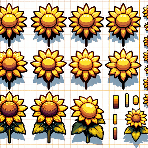 A sprite sheet of different yellow sunflowers seen from above. Cartoon. All similar size. Just the blossom. Bold colors and shading. 
Single Game Texture. In-Game asset. 2d. Blank background. High contrast. No shadows.