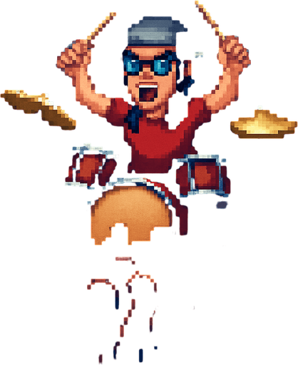 Add pixel cool crazy drummer, with glasses and gray bandana, red tshirt, long black hair, playing drums
