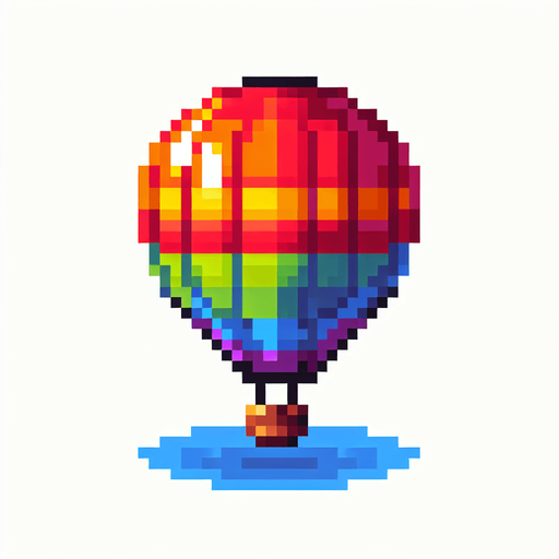 hot air balloon with simple pixel art.
Single Game Texture. In-Game asset. 2d. Blank background. High contrast. No shadows.