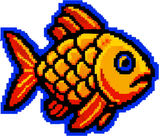 A golden fish. 80s arcade machine graphics..
In-Game asset.  2d.  High contrast.  No shadows