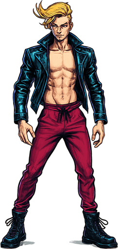 Swishy graceful man Cyberpunk manga, facing forward idle pose shiny black leather biker jacket longsleeves shirtless Skinny abs blonde pompadour guy, action shot wine red joggers combat boots, Background removed, "Full-body character, entirely in frame, no cropping of face, head, or feet" "Complete character visible, from head to toe, fully centered in the image" "Entire character, including face and boots, fully within the frame" Character fully contained within a square frame, no edges cut off fashion model pose