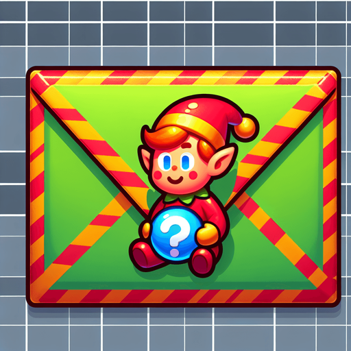 a cartoon envelope with an toy elf on it holding a questionmark.
Single Game Texture. In-Game asset. 2d. Blank background. High contrast. No shadows.