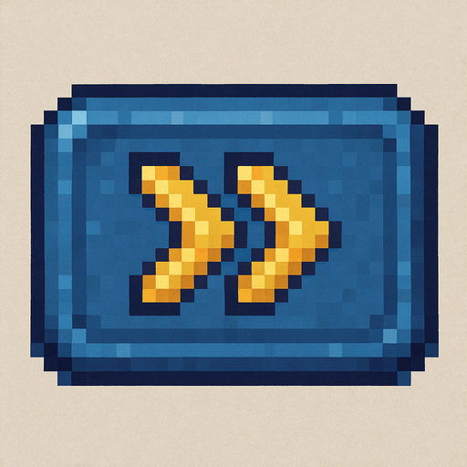 Blue button with two yellow chevrons in a row, pixel art style.