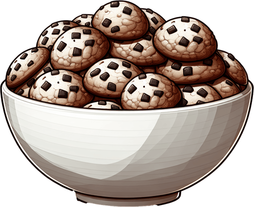 a bowl of cookies.
Single Game Texture. In-Game asset. 2d. Blank background. High contrast. No shadows.