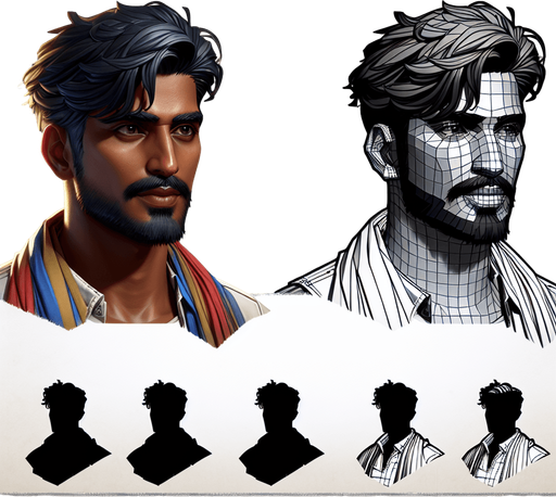 indian man.
Single Game Texture. In-Game asset. 2d. Blank background. High contrast. No shadows.