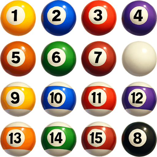 16 ball of billiard, 3D colors, 3d texture, HD colors.
In-Game asset.  High contrast.  No shadows. 3D