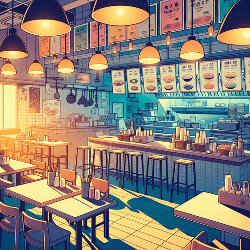 A restaurant background in a anime style.
Single Game Texture. In-Game asset. 2d. Blank background. High contrast. No shadows.