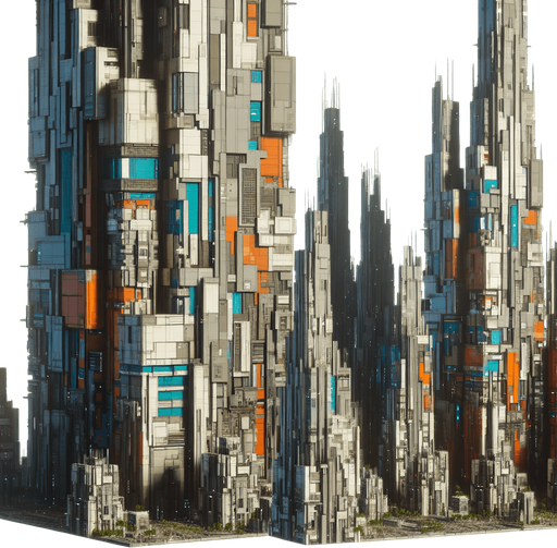futuristic blocks of  sky scrapers.
Single Game Texture. In-Game asset. 2d. Blank background. High contrast. No shadows.