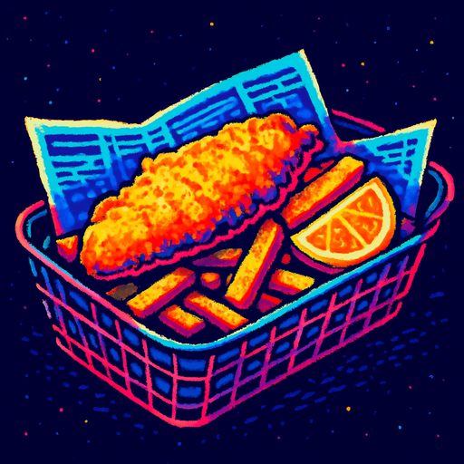 Cooked fish and chips in a newspaper lined basket. Side view. 80s arcade machine graphics..
In-Game asset.  2d.  High contrast