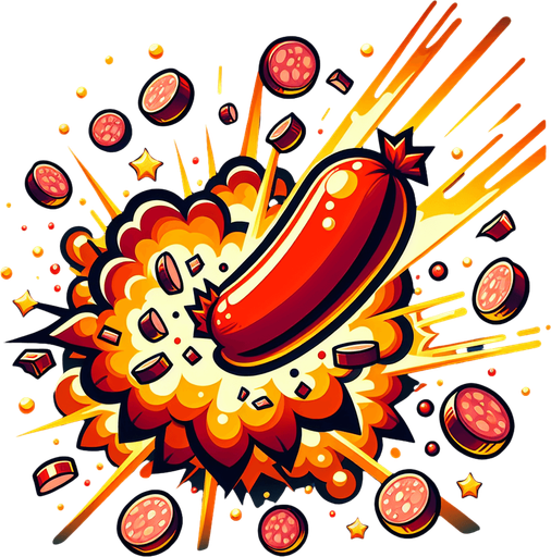 An exploding sausage.
Single Game Texture. In-Game asset. 2d. Blank background. High contrast. No shadows.
