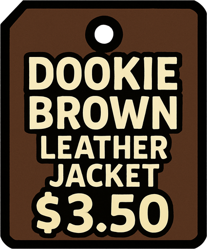 price tag that's says Dookie Brown Leather Jacket $3.50.
In-Game asset.  2d.  High contrast.  No shadows