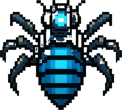 top down pixel art of an aggressive war drone with blue wasp stripes with a blue light on top.
In-Game asset.  2d.  High contrast.  No shadows