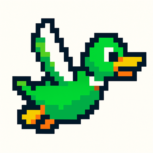 pixart green duck flying.
In-Game asset.  2d.  High contrast.  No shadows