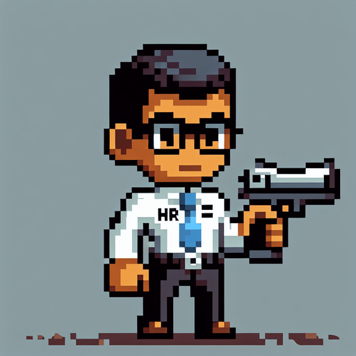 Single Game Texture. In-Game asset. 2D. Blank background. High contrast. No shadows. A pixel-art HR professional wearing a suit and tie, glasses, and holding an oversized cartoonish gun. The character should have a confident stance, professional yet whimsical, styled for a retro game.
Single Game Texture. In-Game asset. 2d. Blank background. High contrast. No shadows.