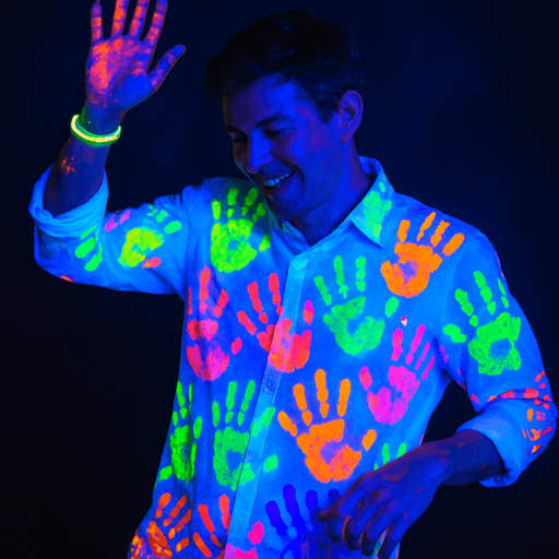 Dancing man in a white shirt filled with multi-colored UV ink palm prints. UV luminous bracelet on the arm