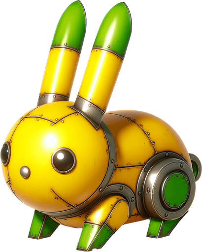 Cute 3d steel kawaii rabbit yellow with green ears.
Single Game Texture. In-Game asset. 2d. Blank background. High contrast. No shadows.