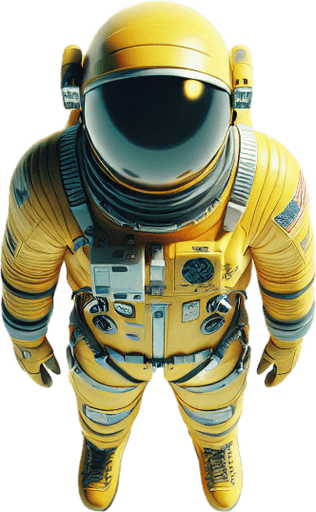 Create a top down view of an astronaut in a bright yellow space suit.
Single Game Texture. In-Game asset. 2d. Blank background. High contrast. No shadows.