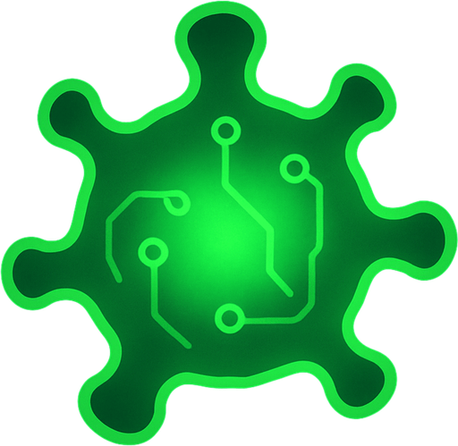 topdown view, simple digital virus blob, glowing green core, minimal circuit-like lines on surface, smooth rounded shape, fits motherboard environment, futuristic style.
In-Game asset.  2d.  High contrast.  No shadows