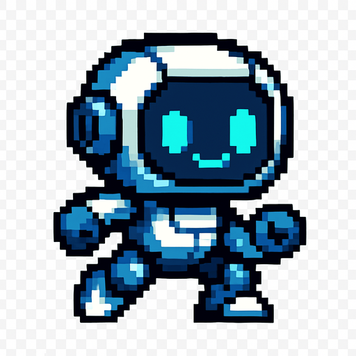 Crea un personaje que sea un robot pequeño y amigable.
Diseño estilo futurista pero tierno, como un asistente robótico.
Que parezca ágil y listo para esquivar bombas.
Estilo píxel art. Fondo transparente..
In-Game asset.  2d.  High contrast.  No shadows