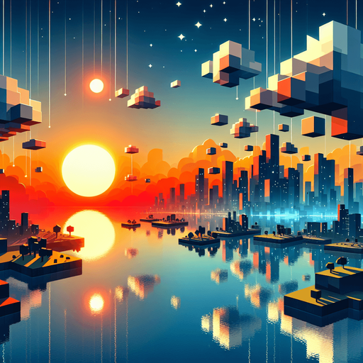 🔹 Floating low-poly islands or platforms in a futuristic city.
🔹 Horizon with a sun reflecting off water for a peaceful but futuristic look.
🔹 Colors: Sunset orange, deep blue, and glowing city lights..
Single Game Texture.  In-Game asset.  2d.  Blank background.  High contrast.  No shadows