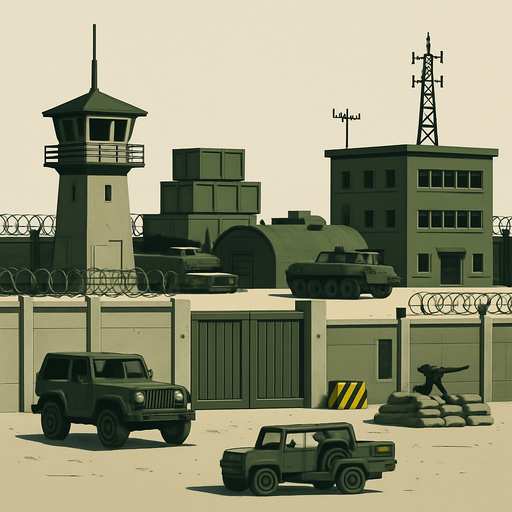 Askeri üs - gerçekçi, yazısız, yandan görünüm.
In-Game asset.  2d.  High contrast.  No shadows