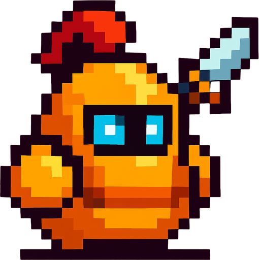 Crea un personaje estilo pixel art, un guerrero simple y fácil de animar. No debe tener manos ni piernas visibles, solo un cuerpo principal con forma redonda u ovalada. El diseño debe sugerir que es un guerrero usando colores llamativos, ojos brillantes o una armadura pixelada pegada al cuerpo. Puede tener una espada flotando al lado o en la espalda como decoración. Debe verse como un personaje de videojuego, pero sin partes que necesiten animación compleja..
In-Game asset.  2d.  High contrast.  No shadows